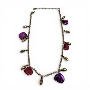 Handmade Beaded Chain Choker Necklace Purple Pink Shell Gold Tone 20.5 Inches